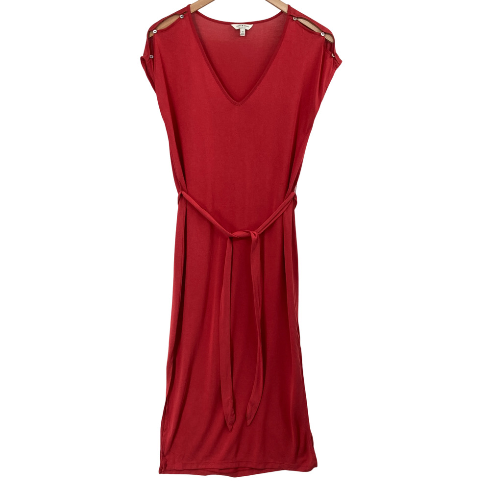 Lucky Brand XS Red Tie Waist Dress Shoulder Grommets V-Neck Slit